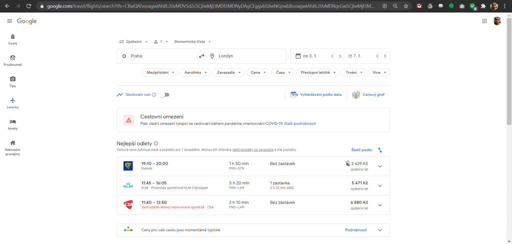 Intuitivní rozhraní služby Google Flights